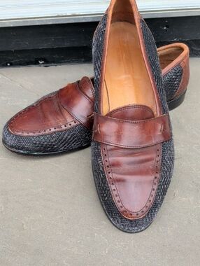 Johnston&Murphy/Made In Italy Men's Brown Leather & Charcoal Woven Penny Loafers